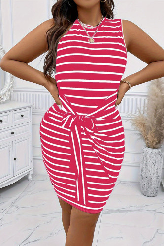 Powder White Elegant Striped Bandage Patchwork O Neck Wrapped Skirt Plus Size Dresses