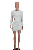 White Casual Solid Hollowed Out O Neck Long Sleeve Dresses