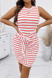 Powder White Elegant Striped Bandage Patchwork O Neck Wrapped Skirt Plus Size Dresses