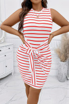 White Red Elegant Striped Bandage Patchwork O Neck Wrapped Skirt Plus Size Dresses
