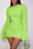Khaki Casual Solid Hollowed Out O Neck Long Sleeve Dresses