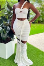 White Sexy Formal Solid Hollowed Out Backless Fold Strapless Long Sleeve Dresses