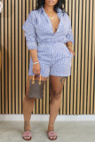 Light Green Casual Striped Patchwork Turndown Collar Long Sleeve Two Pieces