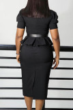 Black Elegant Solid Patchwork Slit Fold With Belt Square Collar Wrapped Skirt Dresses