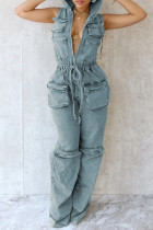 Light Blue Vintage Solid Patchwork Draw String Pocket Zipper Zipper Collar Sleeveless High Waist Loose Denim Jumpsuits