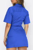 Blue Casual Solid Patchwork Buckle Turndown Collar Dresses