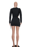 Black Casual Solid Hollowed Out O Neck Long Sleeve Dresses