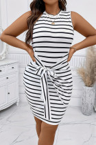 White Black Elegant Striped Bandage Patchwork O Neck Wrapped Skirt Plus Size Dresses