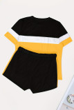 Yellow Casual Patchwork Contrast O Neck Short Sleeve Two Pieces