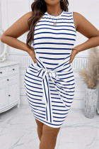 White Blue Elegant Striped Bandage Patchwork O Neck Wrapped Skirt Plus Size Dresses