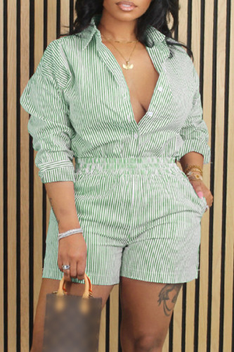 Light Green Casual Striped Patchwork Turndown Collar Long Sleeve Two Pieces