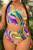Red Sexy Print Patchwork Backless One Shoulder Plus Size Swimwear (With Paddings)