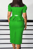 Green Elegant Solid Patchwork Slit Fold With Belt Square Collar Wrapped Skirt Dresses