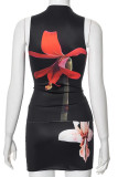 Black Sexy Street Print Patchwork O Neck Sleeveless Two Pieces