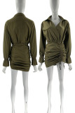Army Green Casual Solid Patchwork Draw String Fold V Neck Wrapped Skirt Dresses