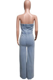 Light Blue Street Buckle Strapless Sleeveless Loose Denim Jumpsuits
