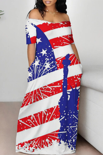 Blue Red Casual Mixed Printing Letter American Flag Flowers Off the Shoulder Printed Dresses