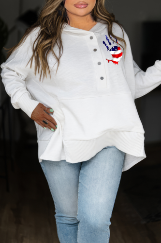 White Casual Print American Flag Buckle Hooded Collar Tops