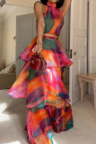 Orange Red Bohemian College Gradual Change Tie-dye Halter Cake Skirt Dresses