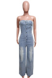Light Blue Street Buckle Strapless Sleeveless Loose Denim Jumpsuits