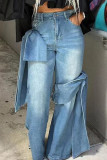 Blue Casual Solid Patchwork High Waist Regular Denim Jeans