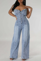 Light Blue Street Buckle Strapless Sleeveless Loose Denim Jumpsuits