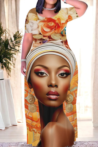 Orange Casual Print Basic V Neck Long Dress Dresses