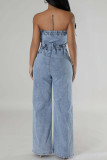 Light Blue Street Buckle Strapless Sleeveless Loose Denim Jumpsuits