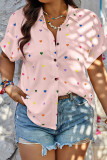 White Sweet Heart Shaped Patchwork Buckle Turndown Collar Plus Size Tops