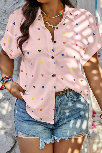 Light Pink Sweet Heart Shaped Patchwork Buckle Turndown Collar Plus Size Tops
