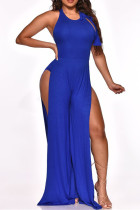 Blue Sexy Solid Backless Cross Straps Slit O Neck Skinny Jumpsuits