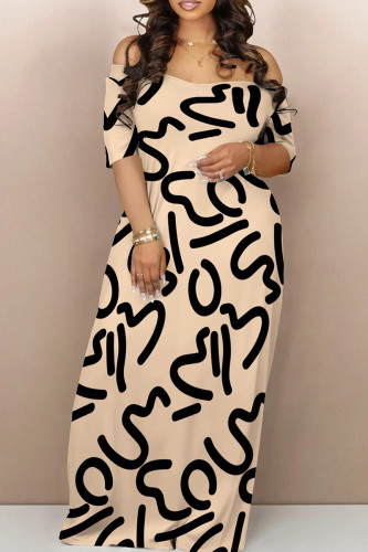 Khaki Casual Print Backless Off Shoulder Long Dresses