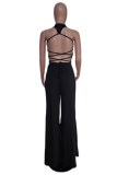 Black Sexy Solid Backless Cross Straps Slit O Neck Skinny Jumpsuits