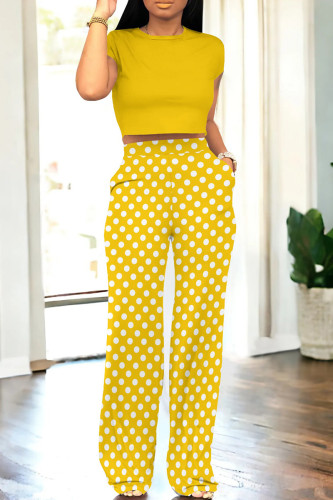 Yellow Casual Dot Patchwork Pocket O Neck Short Sleeve Two Pieces