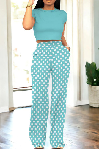 Cyan Casual Dot Patchwork Pocket O Neck Short Sleeve Two Pieces