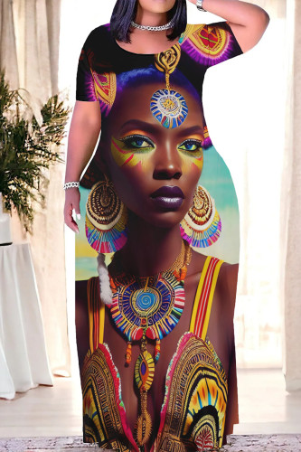 Dark Brown Casual Print Basic V Neck Long Dress Dresses