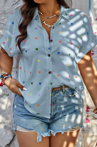 Light Blue Sweet Heart Shaped Patchwork Buckle Turndown Collar Plus Size Tops
