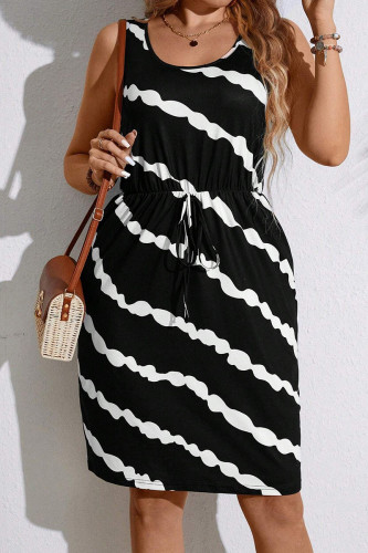 Black Elegant Striped Bandage Patchwork U Neck Straight Plus Size Dresses