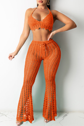 Orange Sexy Solid Bandage Hollowed Out See-through Backless Weave Halter Sleeveless Two Pieces