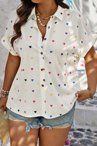 White Sweet Heart Shaped Patchwork Buckle Turndown Collar Plus Size Tops