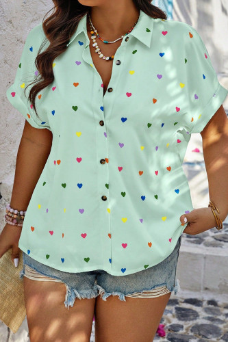Light Green Sweet Heart Shaped Patchwork Buckle Turndown Collar Plus Size Tops