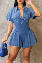 Blue Street Ruffle V Neck Loose Rompers