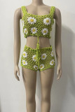 Pink Casual Floral Bandage Hollowed Out Patchwork See-through Backless Square Collar Sleeveless Two Pieces