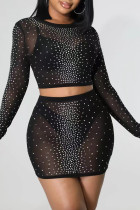 Black Celebrities Patchwork See-through Hot Drill O Neck Long Sleeve Two Pieces