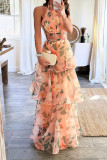 Orange Red Bohemian College Gradual Change Tie-dye Halter Cake Skirt Dresses