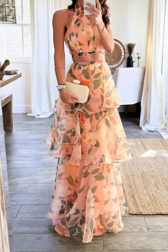 Orange Red Bohemian College Gradual Change Tie-dye Halter Cake Skirt Dresses