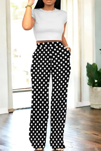 Black Casual Dot Patchwork Pocket O Neck Short Sleeve Two Pieces