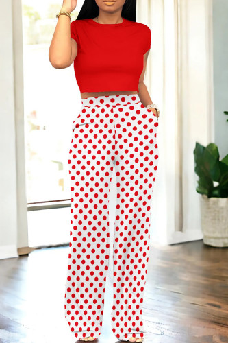 Red Casual Dot Patchwork Pocket O Neck Short Sleeve Two Pieces