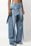 Blue Casual Solid Patchwork High Waist Regular Denim Jeans