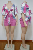 Red Casual Floral Print Bandage Patchwork V Neck Plus Size Two Pieces